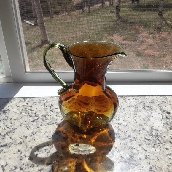 1960's Bischoff Kingston Pitcher Hand Blown Art Glass Green Amber Wayne Husted - Picture 1 of 9